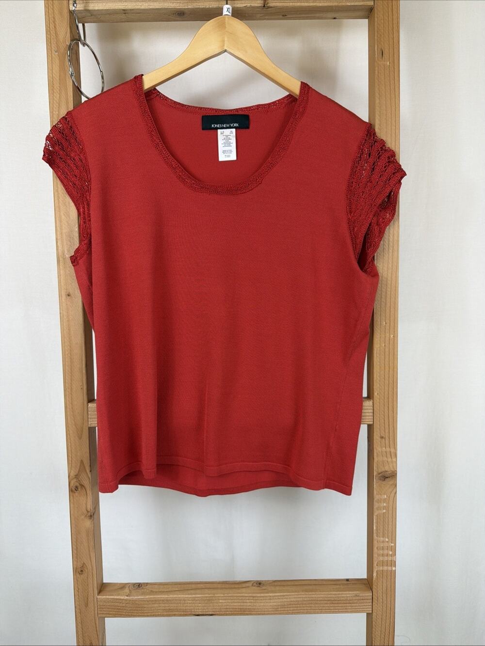 NWT Vintage Jones New York Red Scoop Neck Crochet Collar Sleeve Top #1228 XL